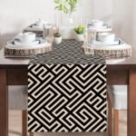 Geometric Dining Table Runner, Black Beige Greek Key Modern Art Burlap Kitchen D... - Image 6