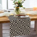 Geometric Dining Table Runner, Black Beige Greek Key Modern Art Burlap Kitchen D... - Image 7