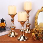 OwnMy Set of 3 Rose Gold Metal Pillar Candlestick Holders Brass Pillar Candle Ho... - Image 6