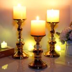 OwnMy Set of 3 Rose Gold Metal Pillar Candlestick Holders Brass Pillar Candle Ho... - Image 9