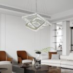 Modern Crystal Chandelier, Dimmable LED Pendant Light with Remote, Square 3-Ring... - Image 4