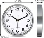 Bernhard Products Wall Clock Silent Non-Ticking Large 12" Silver Metal Frame Qua... - Image 6