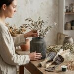 7" Rustic Black Ribbed Vase - Wabi Sabi Textured Ceramic Vase for Flowers, Vinta... - Image 6