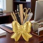 Jingmore Gold Bow Vase Coquette Ceramic Vase Pen Holder Makeup Brush Holder Cont... - Image 5