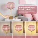 QiMH Glass Table Lamp for Living Room, Modern Bedside Lamp with Pink Ribbed Glas... - Image 3
