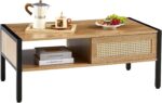 40inch Rattan Coffee Table with Sliding Door Storage Modern Metal Leg Living Roo... - Image 8