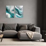 OAAPITI Abstract Canvas Wall Art Set Of 2 Watercolor Teal Gray White Painting Mi... - Image 5