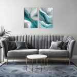 OAAPITI Abstract Canvas Wall Art Set Of 2 Watercolor Teal Gray White Painting Mi... - Image 6