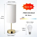 Small Nightstand Table Lamp for Bedroom, Round White Fabric Shade and Gold Metal... - Image 3
