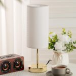Small Nightstand Table Lamp for Bedroom, Round White Fabric Shade and Gold Metal... - Image 6