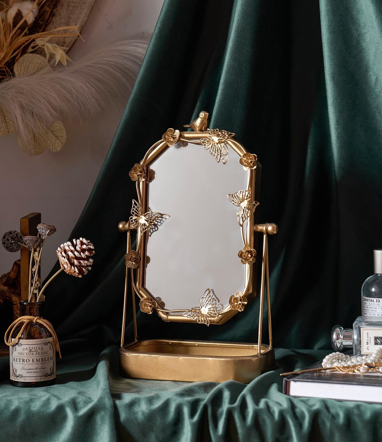 HSDDHOME Vintage Gold Tabletop Makeup Mirror, Bird & Butterfly Decorative Vanity... - Image 3