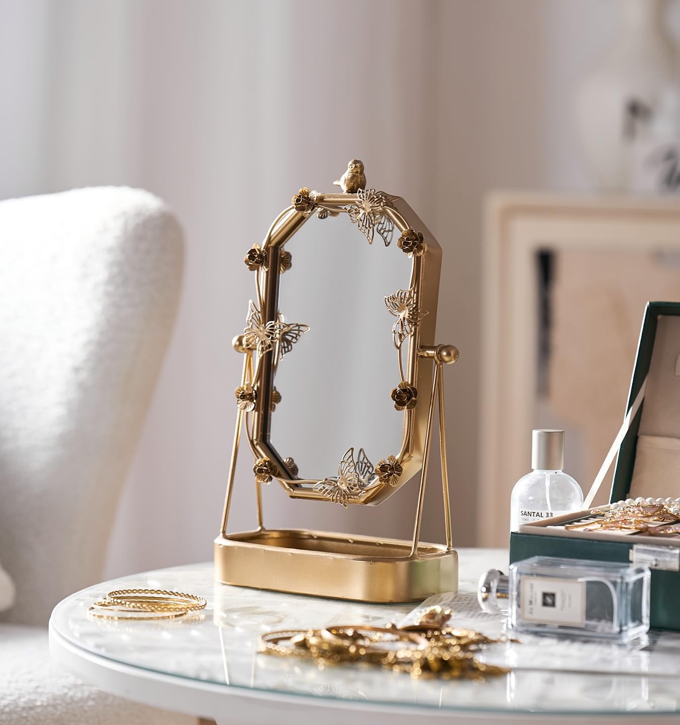 HSDDHOME Vintage Gold Tabletop Makeup Mirror, Bird & Butterfly Decorative Vanity... - Image 6