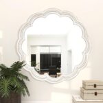 24 Inch Round Wall Mirror, Whitewashed Wooden Frame with Scalloped Edge & Beaded... - Image 4