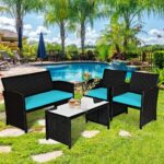 Tangkula 4 Pieces Patio Wicker Conversation Furniture Set, Patiojoy Sofa & Table... - Image 3