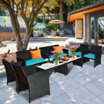 Tangkula 4 Pieces Patio Wicker Conversation Furniture Set, Patiojoy Sofa & Table... - Image 4