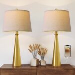 Oneach 25.75" Modern Table Lamp Set of 2, Bedside Lamps with USB Ports, Brass Go... - Image 8