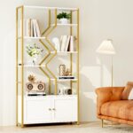 Keyluv 76" Tall Gold Bookshelf with Cabinet Storage, Multifunctional Open Displa... - Image 7