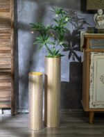 Sziqiqi Tall Gold Floor Vase: Set of 2 Woven Texture Metal Cylinder Vases Extra ... - Image 3