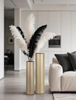 Sziqiqi Tall Gold Floor Vase: Set of 2 Woven Texture Metal Cylinder Vases Extra ... - Image 4