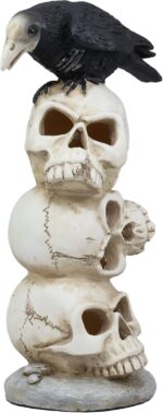 Ebros Gothic Raven Crow Bird Perching On Pole Totem Stacked Skulls with Color Ch... - Image 3