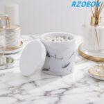 Cotton Swab Holder Round Qtip Holder with Lid, Bathroom White Marble Resin Cotto... - Image 4