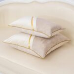 Alerfa 20 x 20 Inch Off White Beige Gold Leather Patchwork Velvet & Polyester Cu... - Image 4