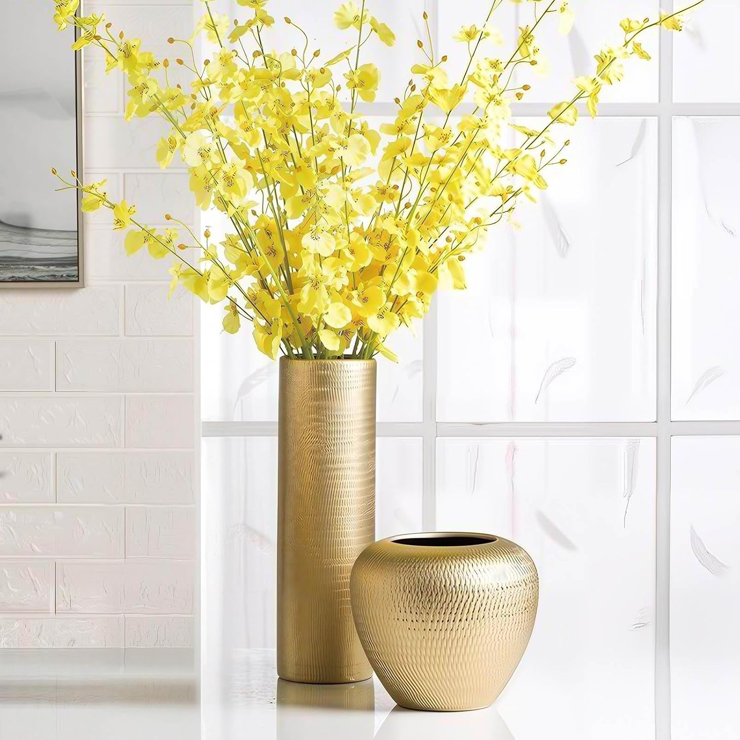 Gold Cylinder Ceramic Vintage Vase - 13.4" Tall Decorative Texture Modern Vase f... - Image 3