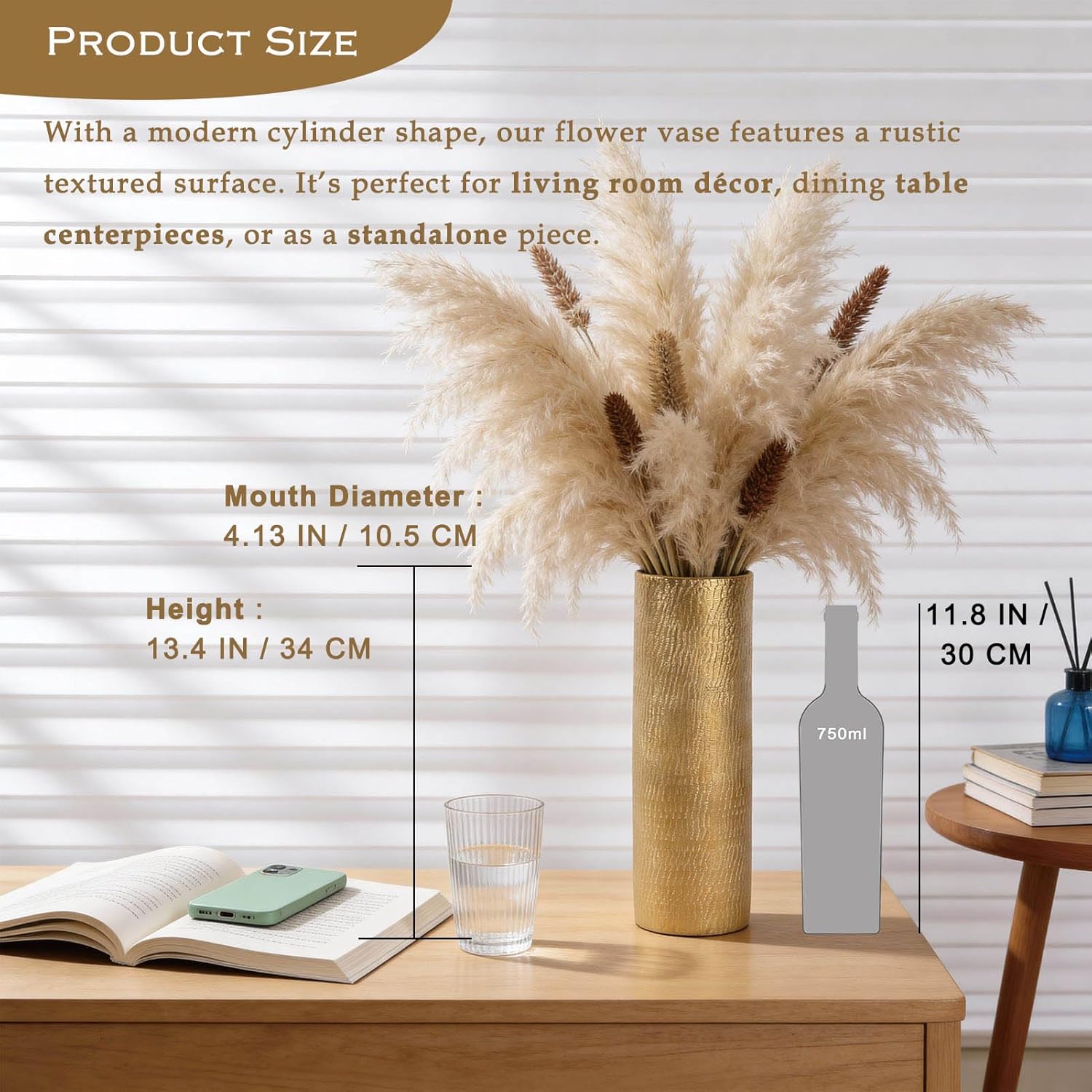 Gold Cylinder Ceramic Vintage Vase - 13.4" Tall Decorative Texture Modern Vase f... - Image 4