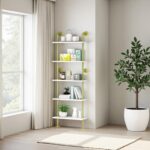 5 Shelf Modern Gold Bookshelf, Wall Mount White Bookcase, Ladder Shelf with Meta... - Image 4