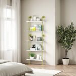 5 Shelf Modern Gold Bookshelf, Wall Mount White Bookcase, Ladder Shelf with Meta... - Image 6