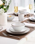 Famiware Eden Embossed Plates and Bowls Sets, Stoneware Dinnerware with Gold Tri... - Image 3