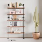 5 Tier Industrial Ladder Shelf Bookcase, Wall Mounted Wood Metal Pipe Rustic Boo... - Image 5