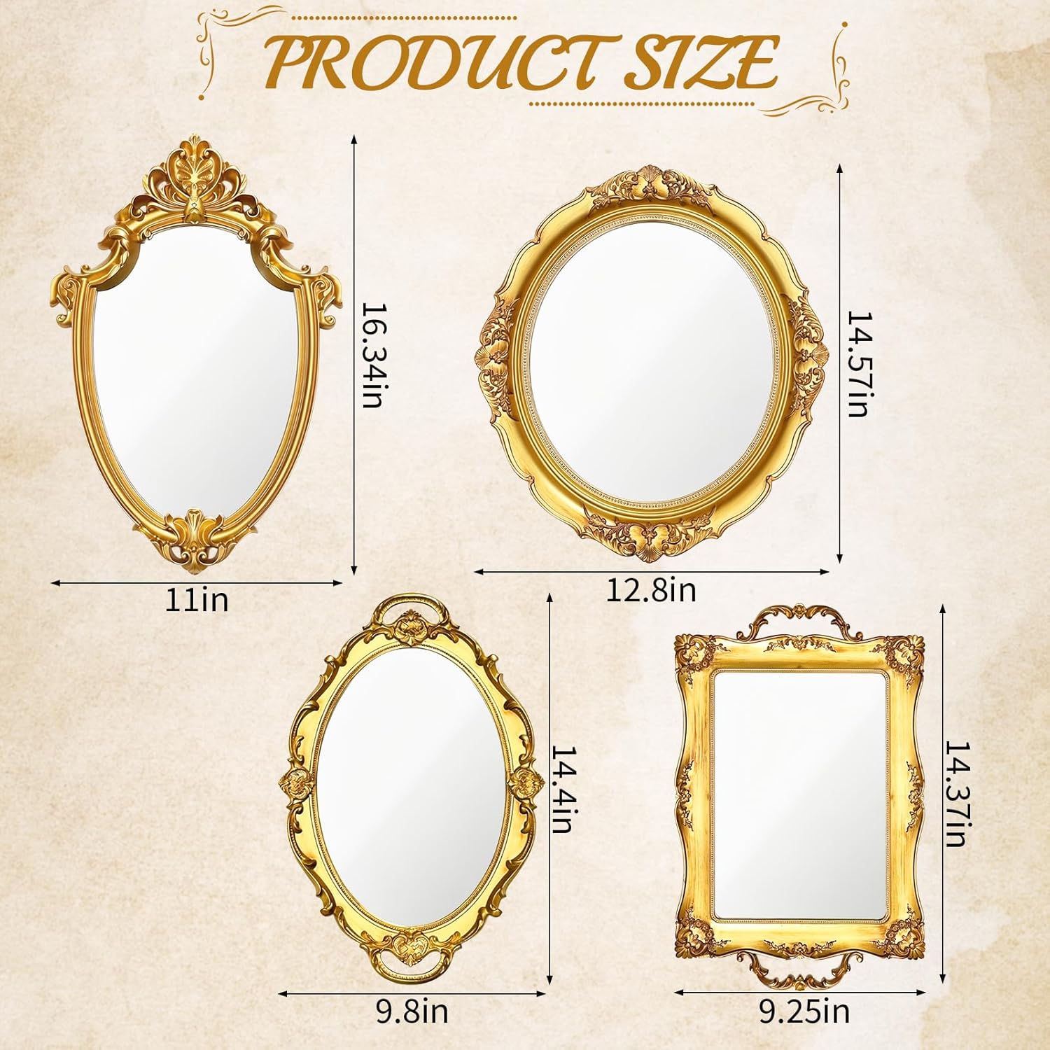 4 PCS Vintage Gold Mirror Set Vintage Mirrors for Wall Antique Shield Shape Squa... - Image 3