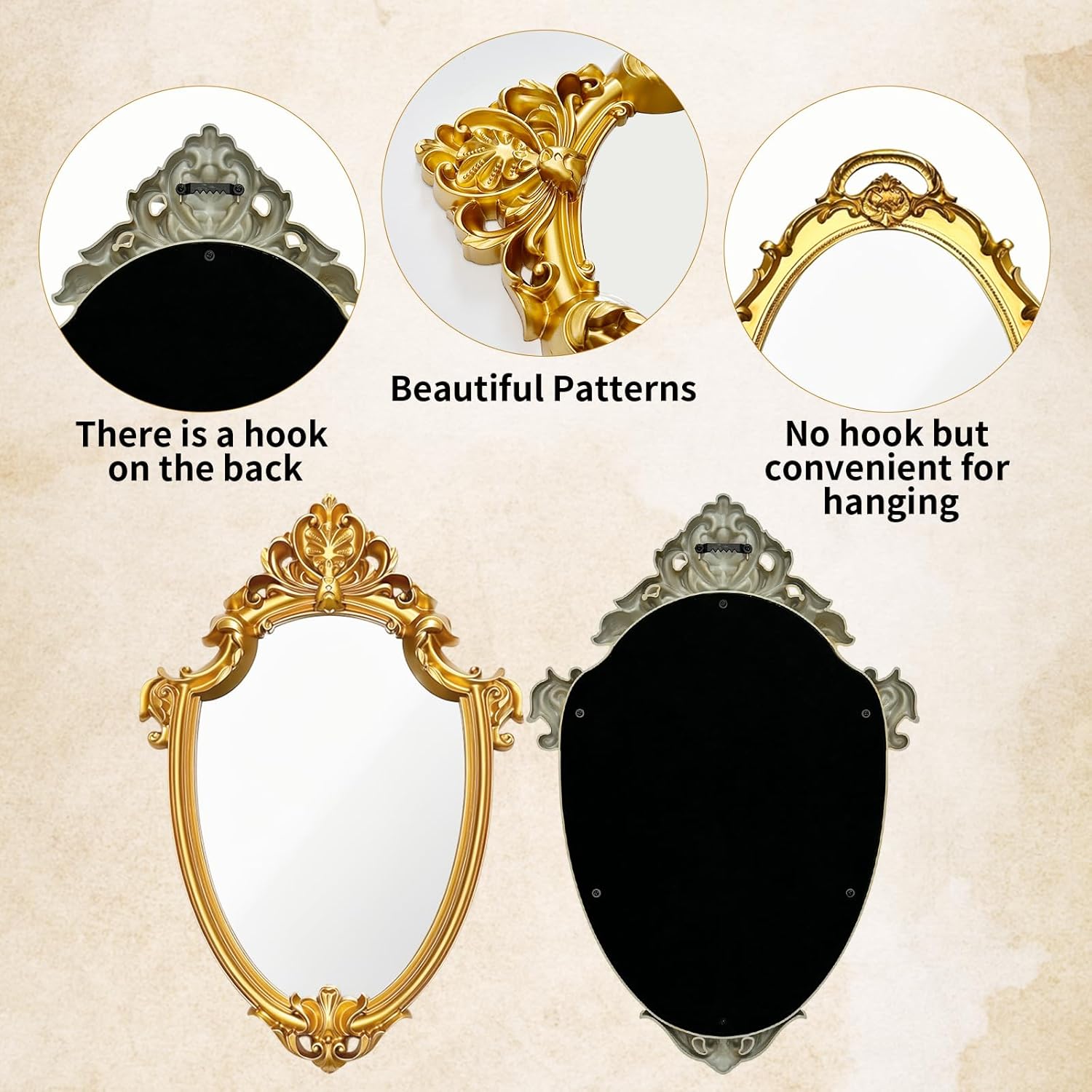 4 PCS Vintage Gold Mirror Set Vintage Mirrors for Wall Antique Shield Shape Squa... - Image 4