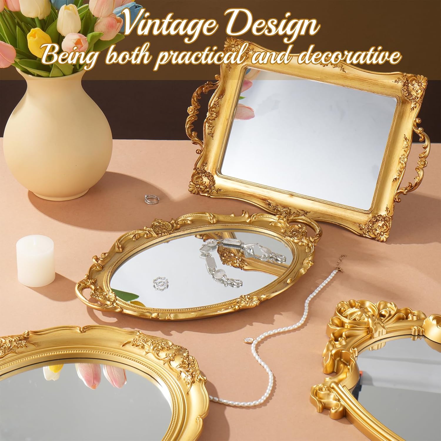 4 PCS Vintage Gold Mirror Set Vintage Mirrors for Wall Antique Shield Shape Squa... - Image 6