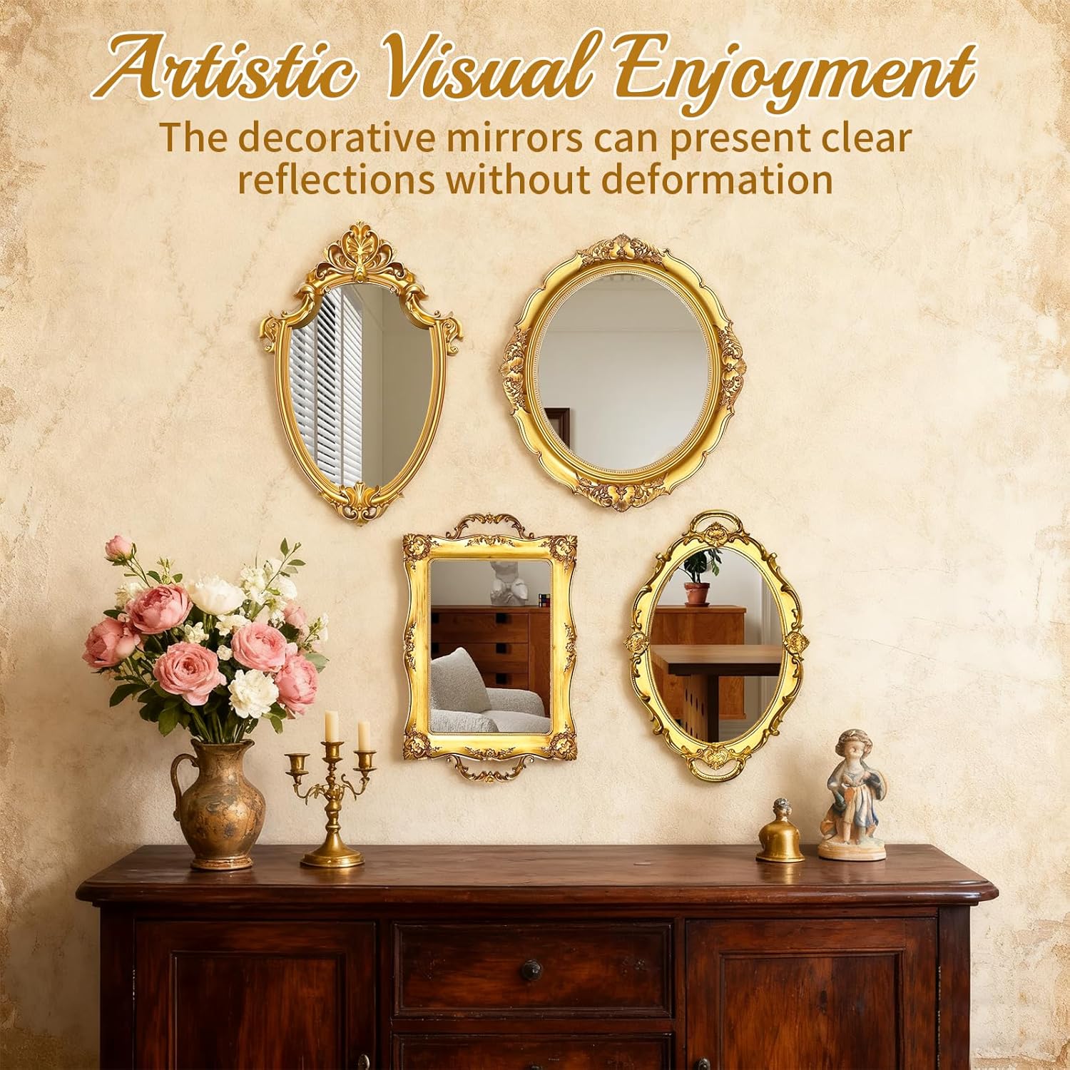 4 PCS Vintage Gold Mirror Set Vintage Mirrors for Wall Antique Shield Shape Squa... - Image 7