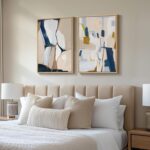 Large Framed Neutral Abstract Wall Art, 2 Piece Beige and Navy Blue Modern Minim... - Image 3