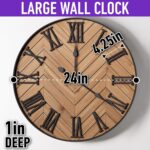 Large Wall Clock 24" Round - Silent Metal & Wood Large Farmhouse Wall Clock For ... - Image 7