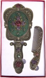 Nerien Vintage Metal Handheld Makeup Mirror with Comb - Russian Style Embossed R... - Image 6