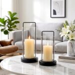 Modern Black Metal & Wood Hurricane Candle Holder Set of 2 Boho Farmhouse Glass ... - Image 3