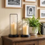 Modern Black Metal & Wood Hurricane Candle Holder Set of 2 Boho Farmhouse Glass ... - Image 5