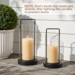 Modern Black Metal & Wood Hurricane Candle Holder Set of 2 Boho Farmhouse Glass ... - Image 6
