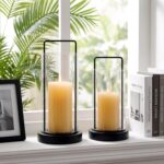 Modern Black Metal & Wood Hurricane Candle Holder Set of 2 Boho Farmhouse Glass ... - Image 8