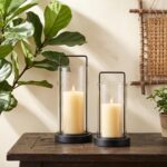 Modern Black Metal & Wood Hurricane Candle Holder Set of 2 Boho Farmhouse Glass ... - Image 9