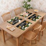 Black Daisy Sunflower Bees Placemats Set of 4,Hello Sunshine Spring Summer Washa... - Image 6