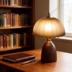 11.8“ Mid-Century Modern Amber Small Table Lamp, Vintage Scalloped Gradient Glas... - Image 5