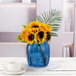Blue Glass Vase for Flowers Bud Tall Glass Vases,H-8.0" Simple Striped Design fo... - Image 4