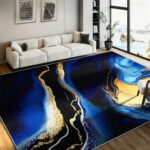 Navy Blue Gold Marble Area Rug, 3x5ft,Swirl Texture Print Abstract Area Rugs, Mo... - Image 3
