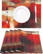 Modern Art Placemats Set of 4 Red Abstract Painting Place Mats Washable Linen Pl... - Image 4