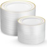 Munfix 200 Gold Plastic Plates Set, 100 Pcs 10 Inch White Dinner and 100 Pcs 7 I... - Image 7